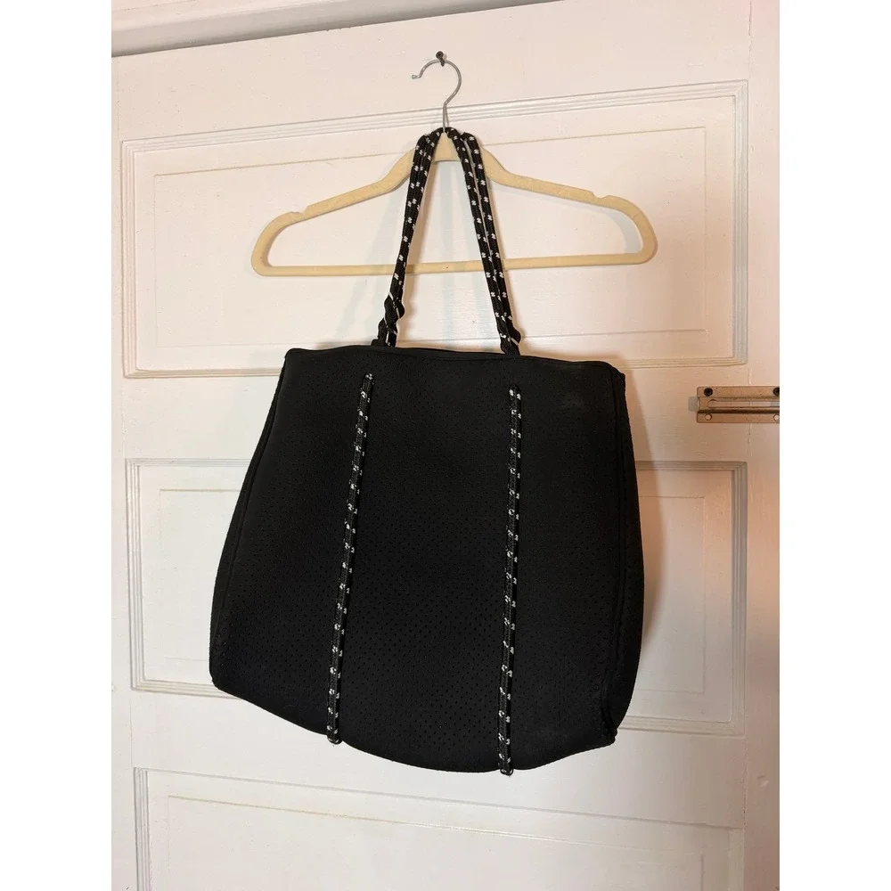 Black Perforated Neoprene Tote Bag Rope Handles Sporty Beach Gym Travel Bag
